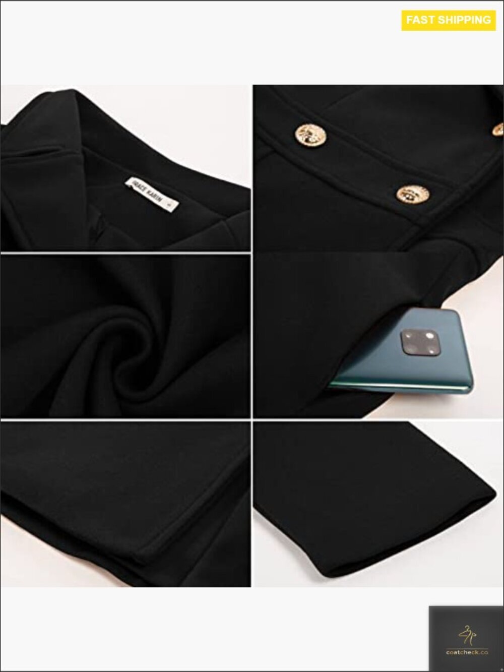 Classic Trench Coat Double Breasted Notch Lapel A-Line Pea Coat with Pockets - Picture 5 of 7